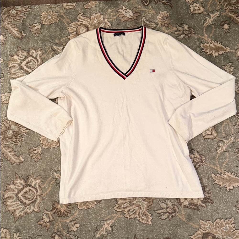 Tommy Hilfiger Cream V-Neck Sweater with Red and Blue Trim